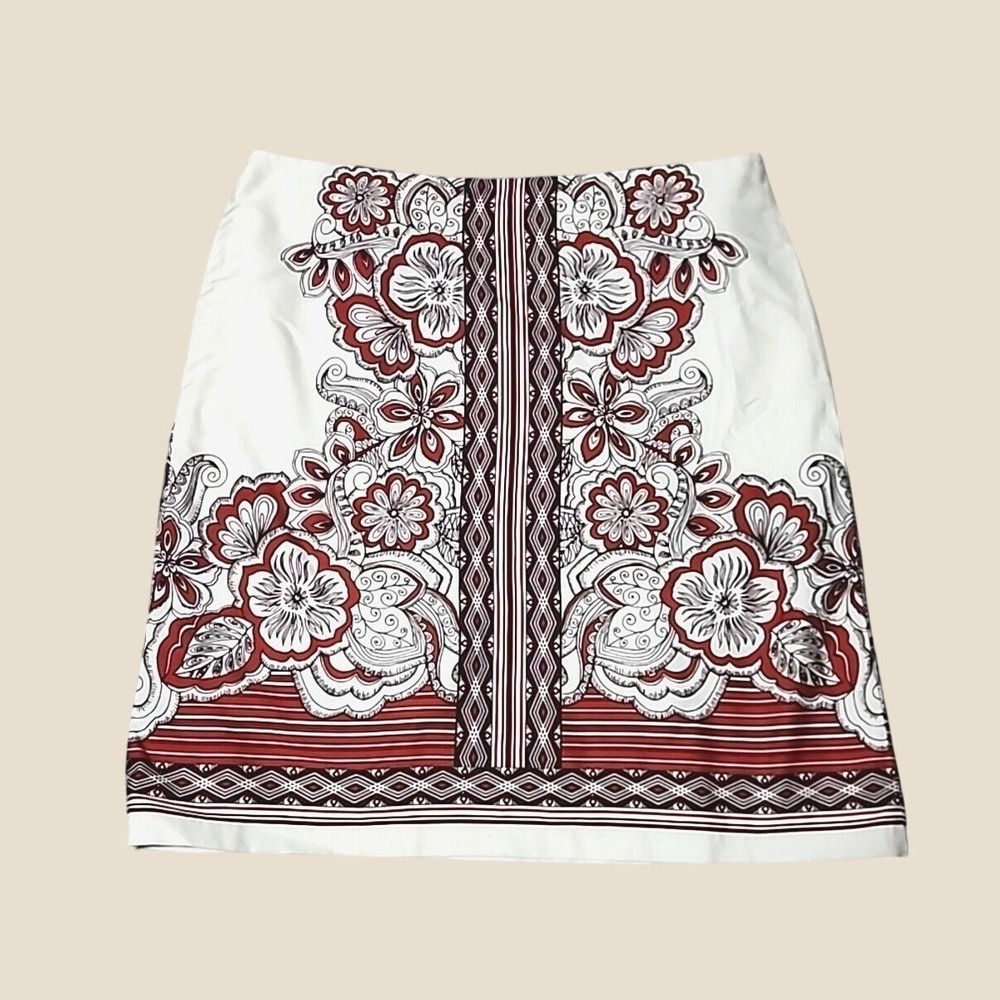 Loft Mini Skirt 8 Red Ivory Black Floral Paisley Lined Cotton Boho A-Line